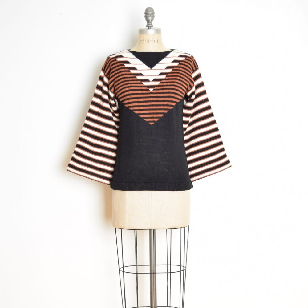 vintage 70s sweater black brown geometric stripe bell sleeve hippie boho top M